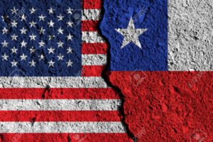 Crack between America and Chile flags. political relationship co